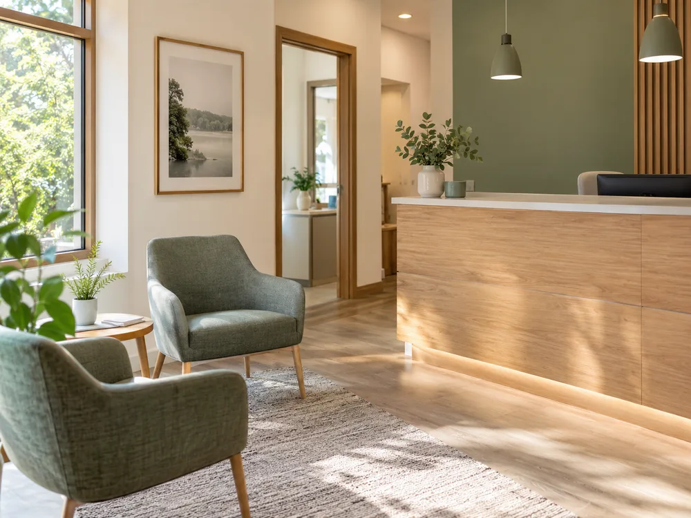 A bright, empty dental practice reception area