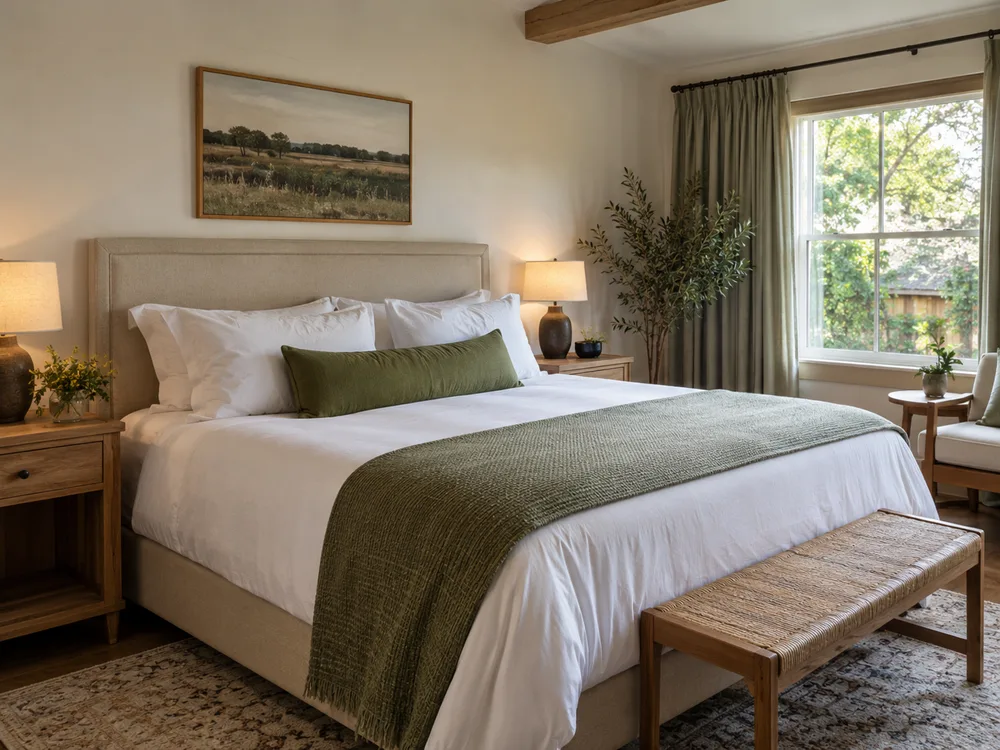 A neatly prepared hotel guest room in natural light