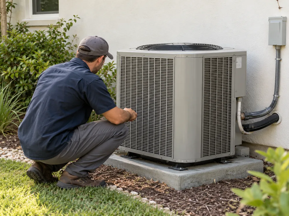 An HVAC technician inspecting an outdoor unit