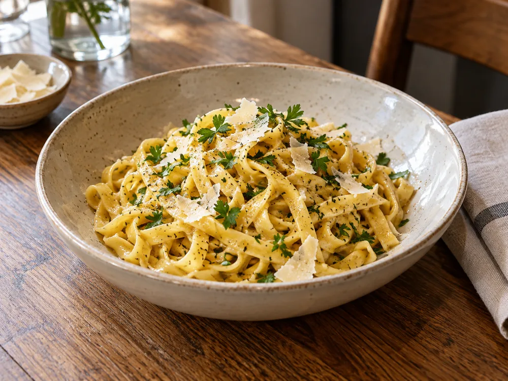 A plate of pasta ready for service