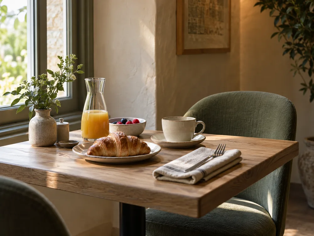 Illustrative breakfast table prepared before guests arrive