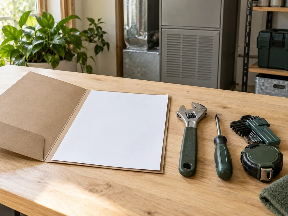 Illustrative blank estimate folder beside organized tools
