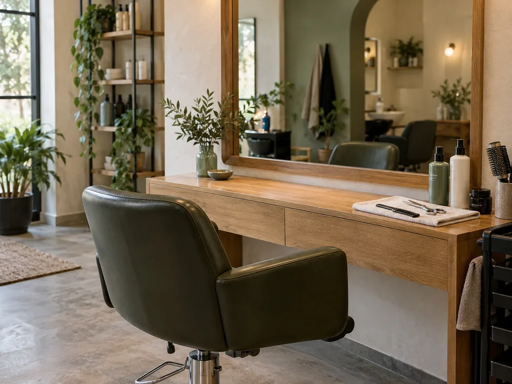 A prepared salon styling station with a mirror and chair