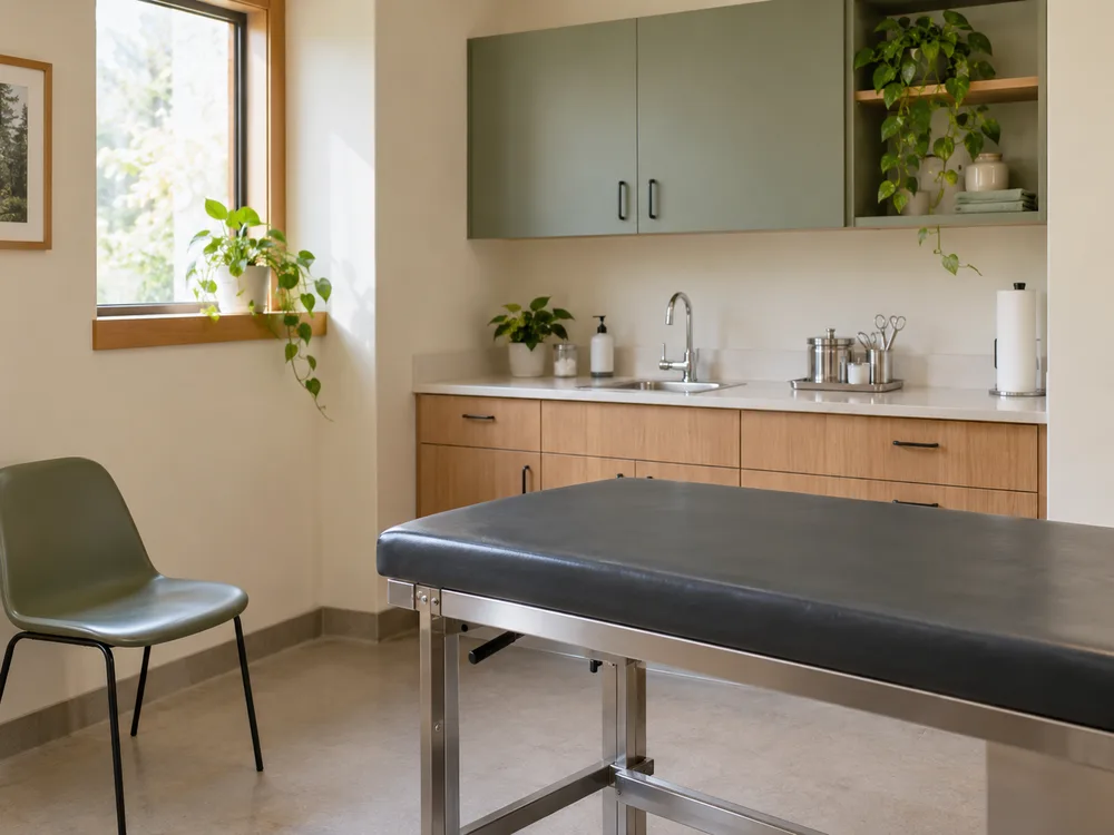 A clean, empty veterinary consultation room